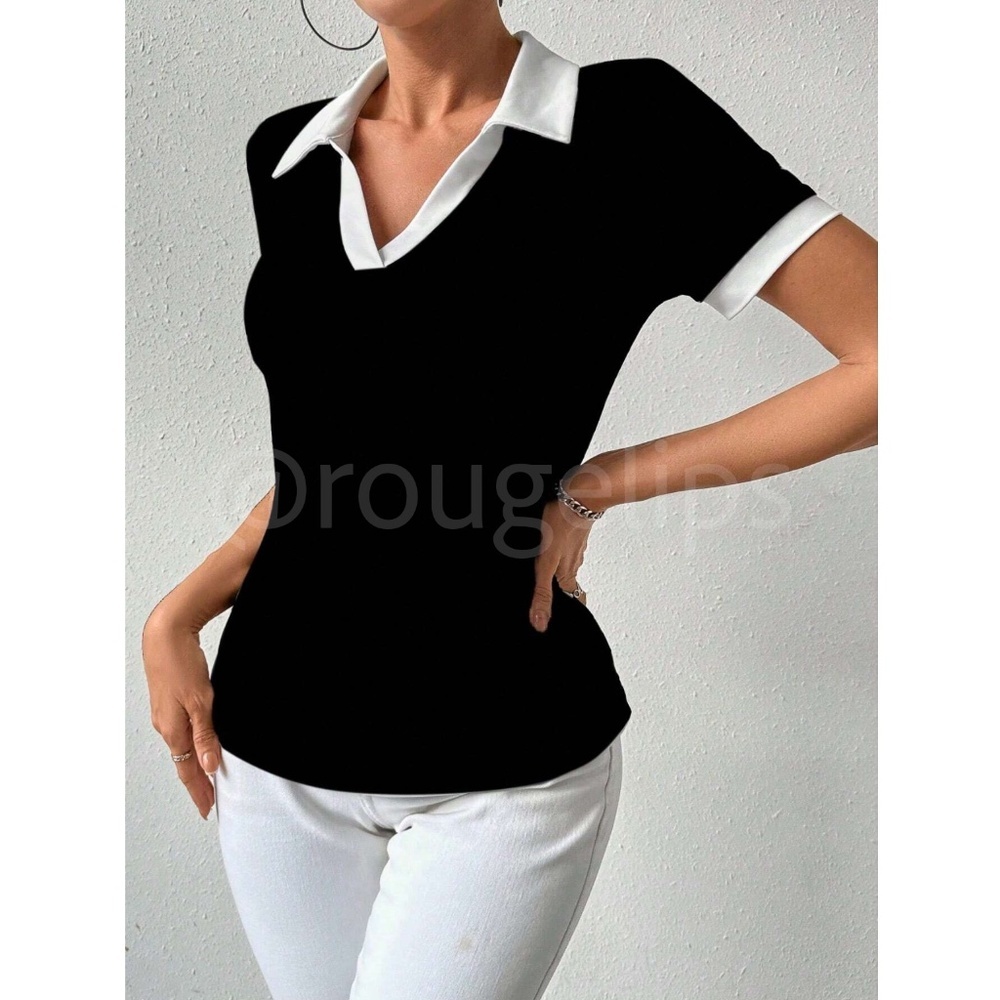 Black V-Neck Short Sleeve Shirt White Trim Collar - Picture 4 of 6